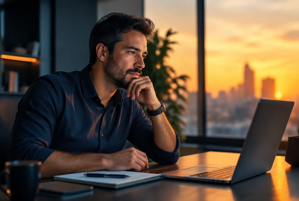 A manager taking part in a live session on a laptop, in the late afternoon