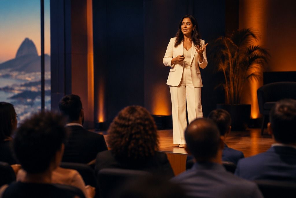A speaker on stage in an auditorium, in front of an audience of professionals