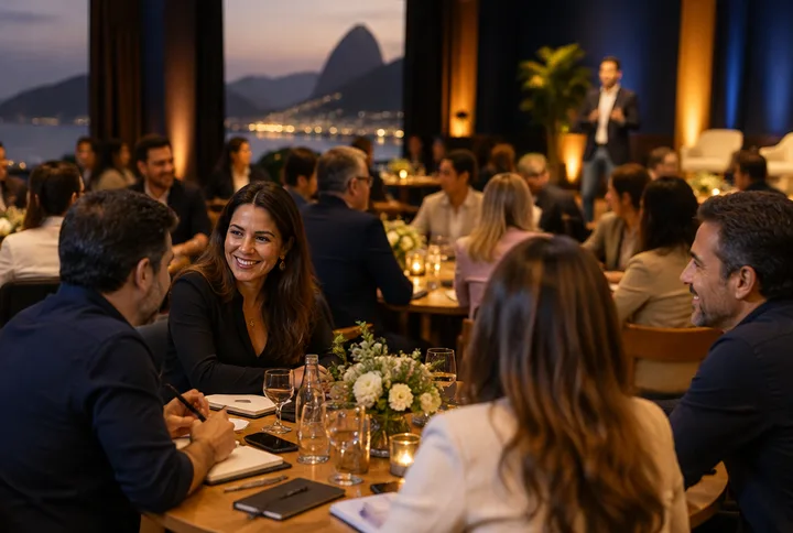 Business owners talking at round tables at an evening event, with Sugarloaf Mountain in the background